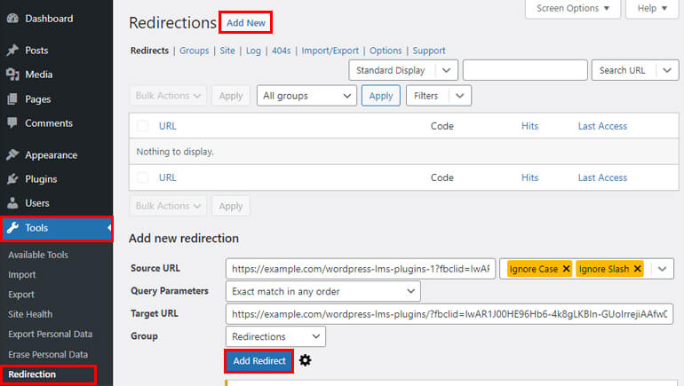 Add New Redirect Using Redirection