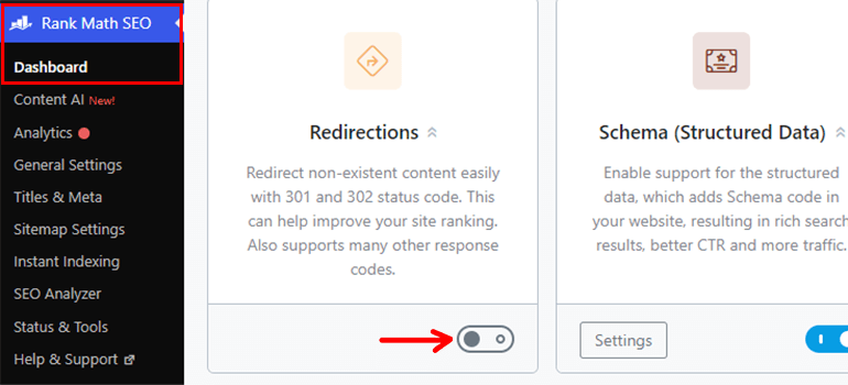 Activating Rank Math SEO Redirections Module - Delete WordPress Blog