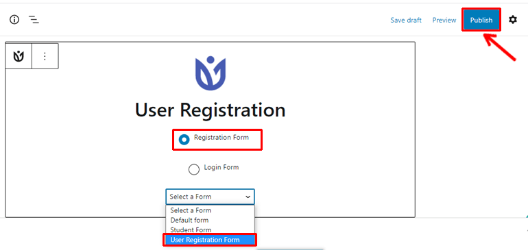 Choose Registration Form and Publish