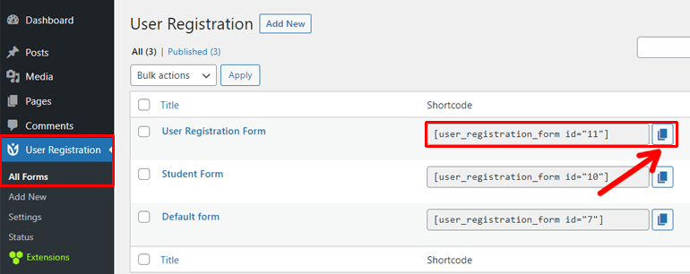 Copy User Registration Form Shortcode
