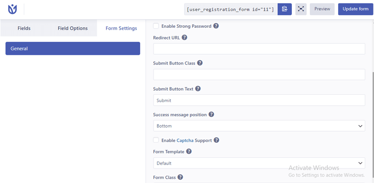 Different General Form Setting Options