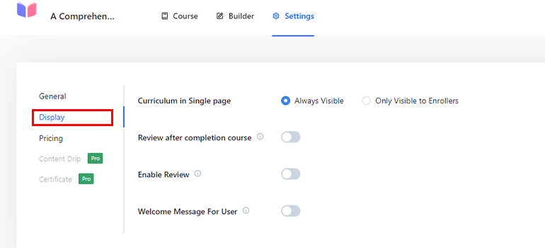 Display Course Settings - Build LMS Website