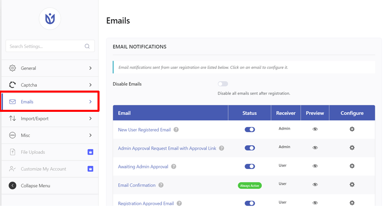 Email Settings for User Registration