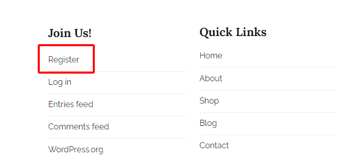 Footer with Register Link - WordPress User registration form