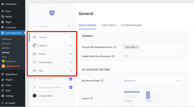 Five Different Menu for User Registration Settings