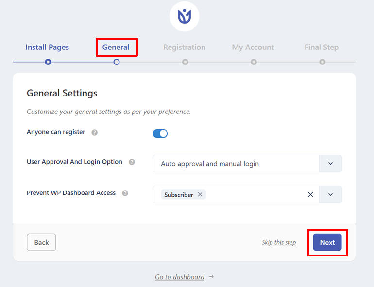 General Setting Options for User Registration