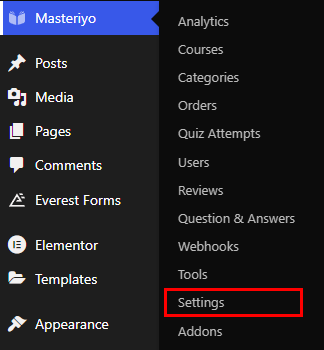 Masteriyo to Settings - Build LMS Website