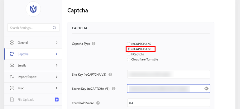 reCaptcha v3 Keys