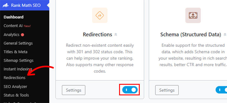 Redirections Tab Rank Math SEO - Delete WordPress Pages