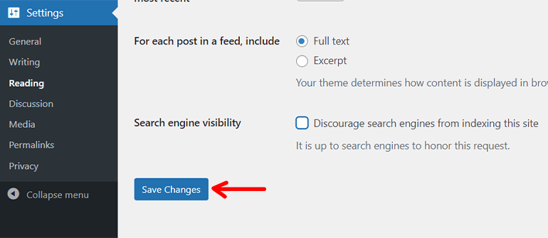 Save Changes for Reading Settings - How to Create a One Page Website