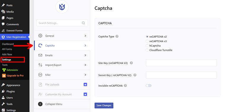 Settings to Captcha for User Registration