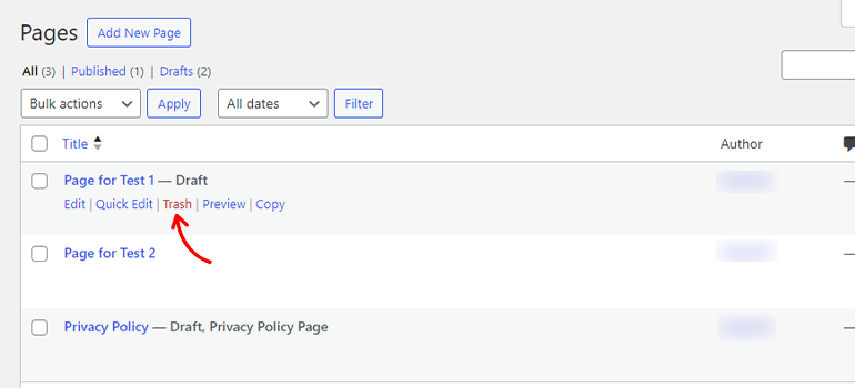 Trashing Page - How to Delete a Page on WordPress